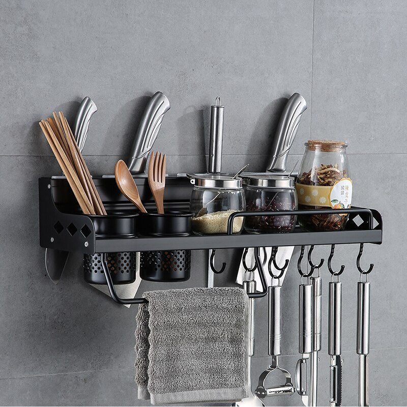 Portaherramientas de aluminio negro, 40cm, con gancho, utilizado para accesorios de cocina, estante, suministros de cocina