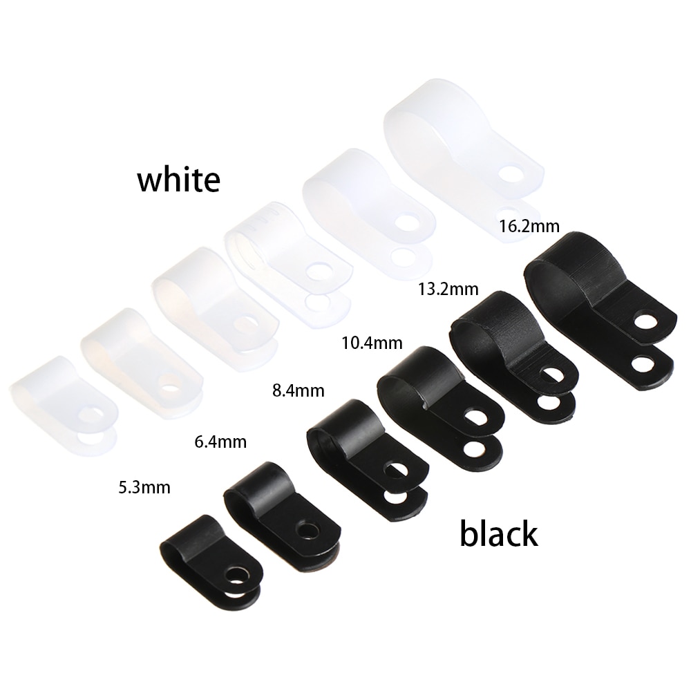 100 stk/parti plastik p-clips sorte slangefastgørelser kabel holdbare r-type nylon kabel klemme montering fix hardware elektriske fittings