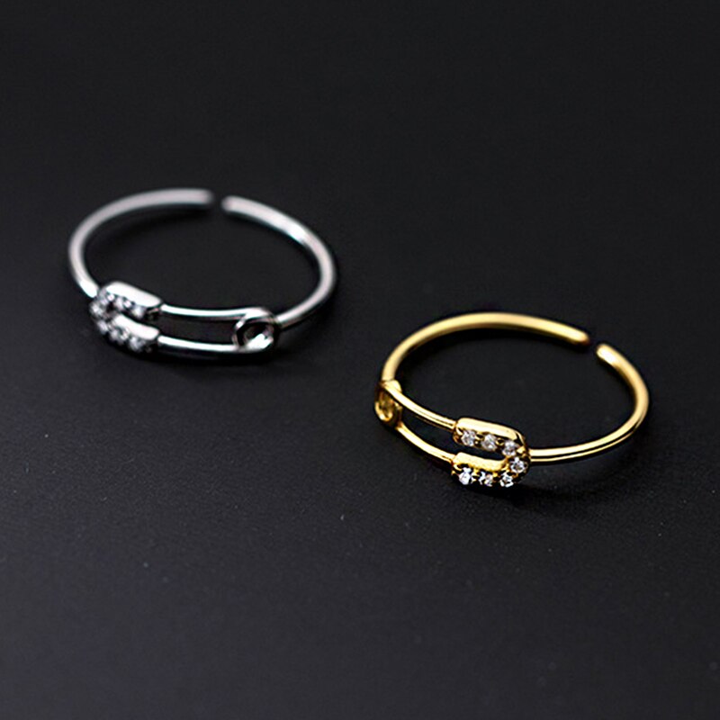 925 Sterling Silver Women's Ring Safety Pin Ring with Stone Adjustable Opening Jewelry Wedding Engagement