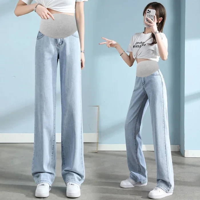 Denim graviditets lige lange jeans vide ben løse mavebukser tøj til gravide kvinder graviditets afslappet tøj: Himmelblå / Xl