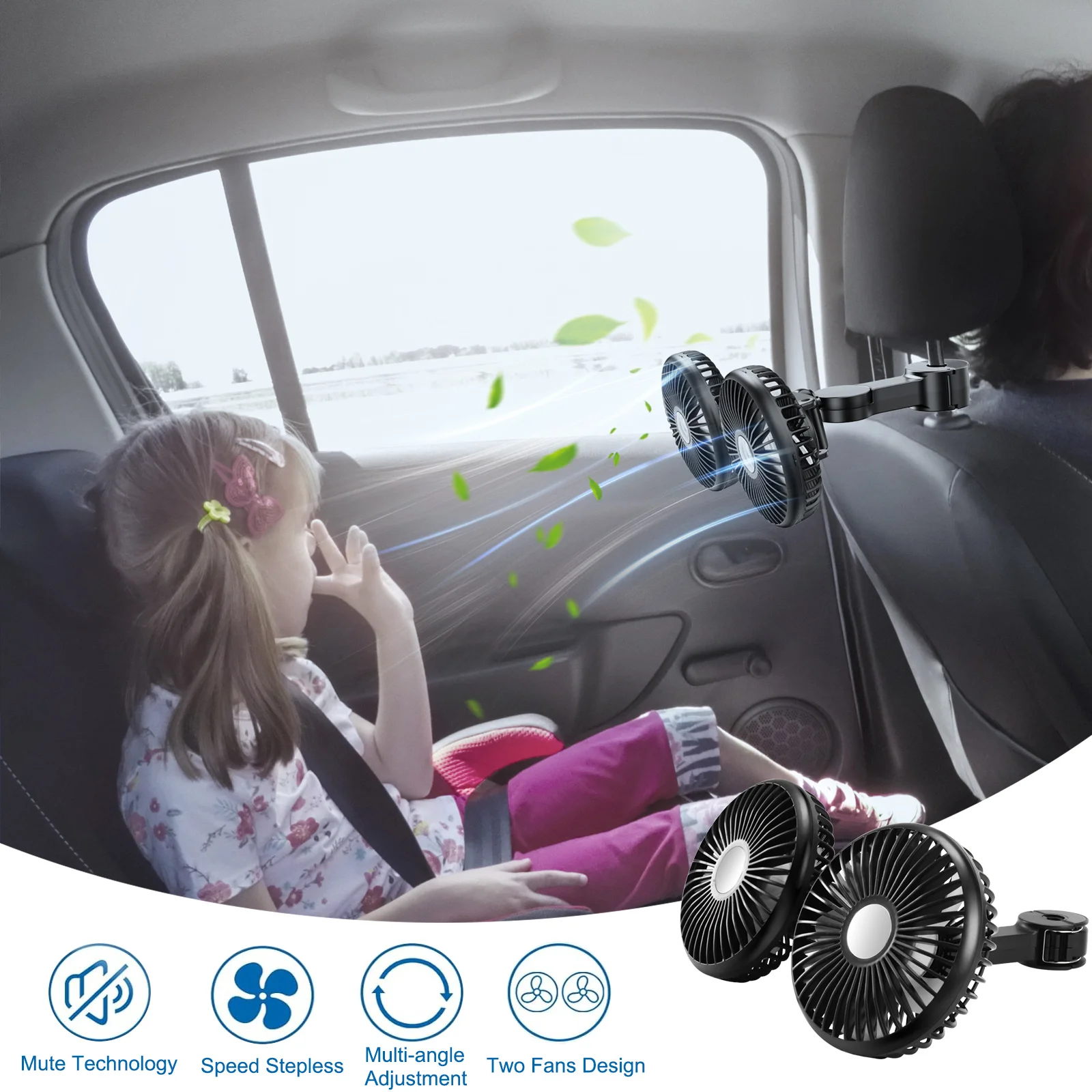 Eary Dual Head Fan Car Backseat Cooling Fan Summer Car Accessories 360° Rotation Cooler Car USB Charge Air Condition Cold Fans