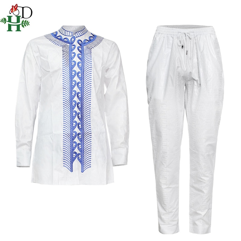 H & D Africain hommes blanc vêtements Dashiki chemise pantalon costume Robe Bazin Brode Riche pantalon ensemble Boubou Africain Homme PH8090