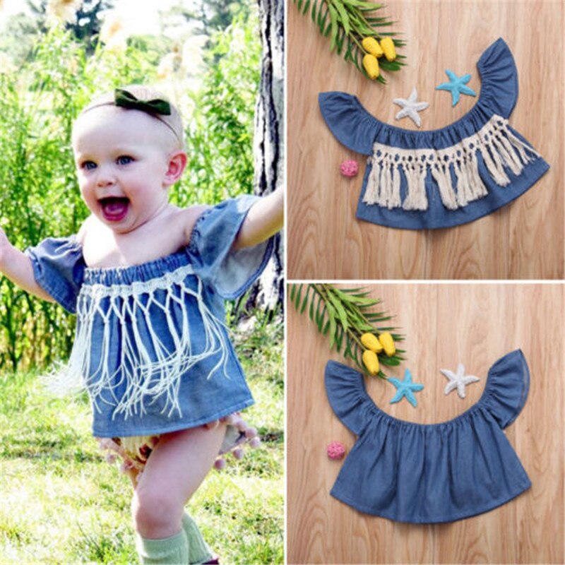 Style Infant Toddler Baby Girls Clothes Denim Off Shoulder Tops T-shirt Summer Sunsuit Baby Clothing 0-24M