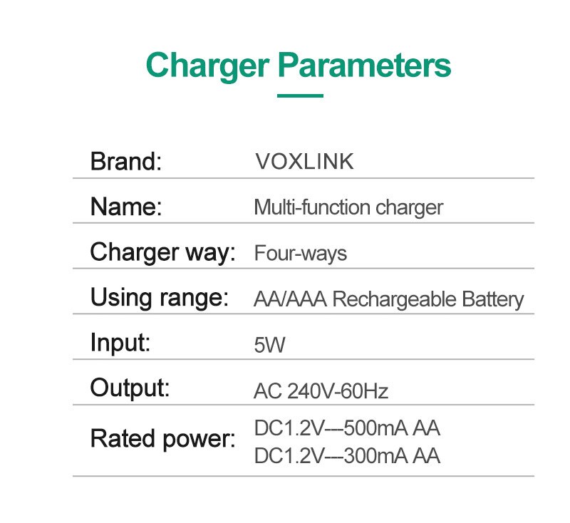 VOXLINK Battery Charger 4slots With EU cable For AA/AAA Rechargeable Batteries Charger For remote control microphone camera