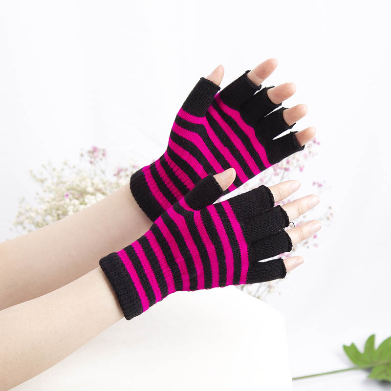 1 paar unisex zwarte strepen halve vinger vingerloze handschoenen voor dames wol gebreide pols katoenen handschoenen winter warme heren trainingshandschoenen