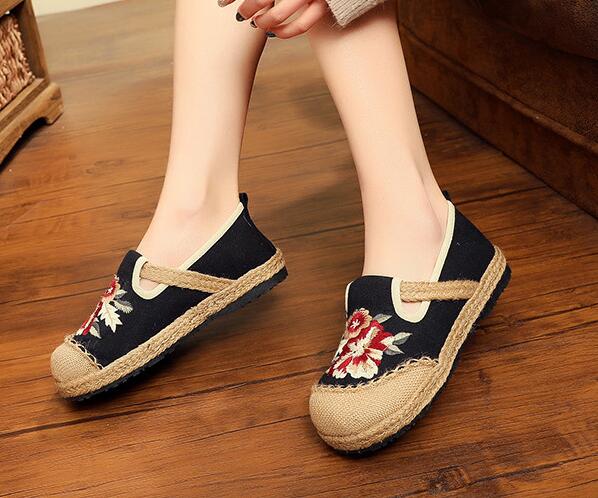 Vegan Handmade Women Linen Cotton Loafers Espadrilles Flower Embroidered Ladies Casual Flat Platform Sneakers Shoes: Black / 8