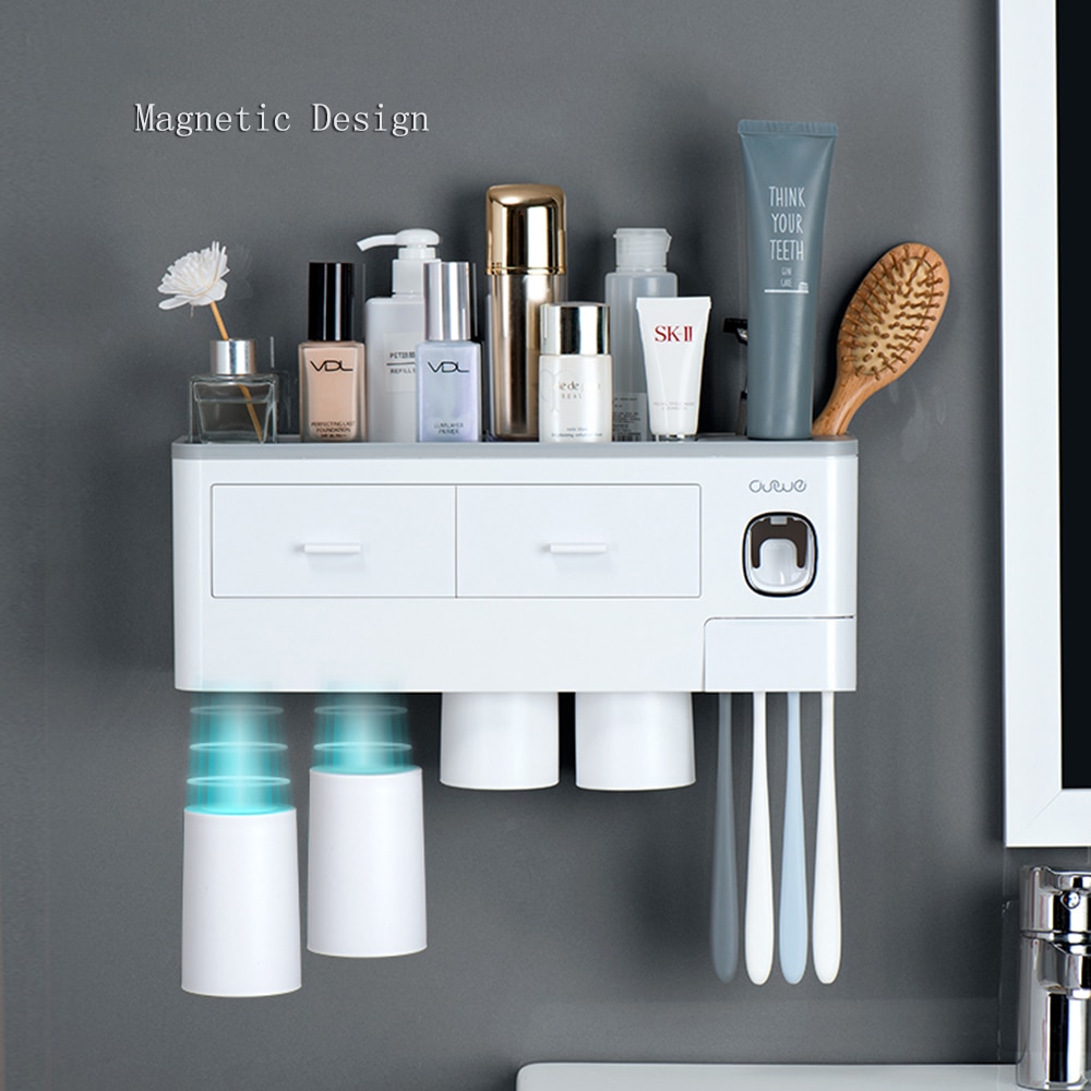 Toothbrush Holder Automatic Toothpaste Dispenser With Cup Wall Mount Toiletries Storage Rack Bathroom Accessories Set