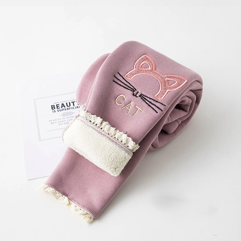 Enfants pantalons automne hiver bébé Leggings dessin animé impression solide en peluche enfants filles pantalons: C pink / 8T-130