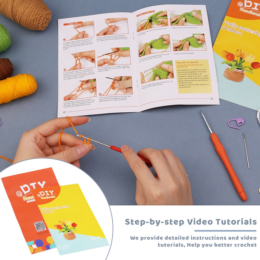 Paquete de material de ganchillo en maceta con forma de tulipán con gancho de ganchillo de hilo y relleno para principiantes y amantes de la artesanía