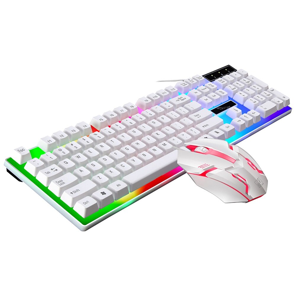 White Black Backlit Wired Keyboard Mouse Set Gaming Keyboard Gamer Mouse tripod Keyboard Kit Home Office PC Laptop: White set
