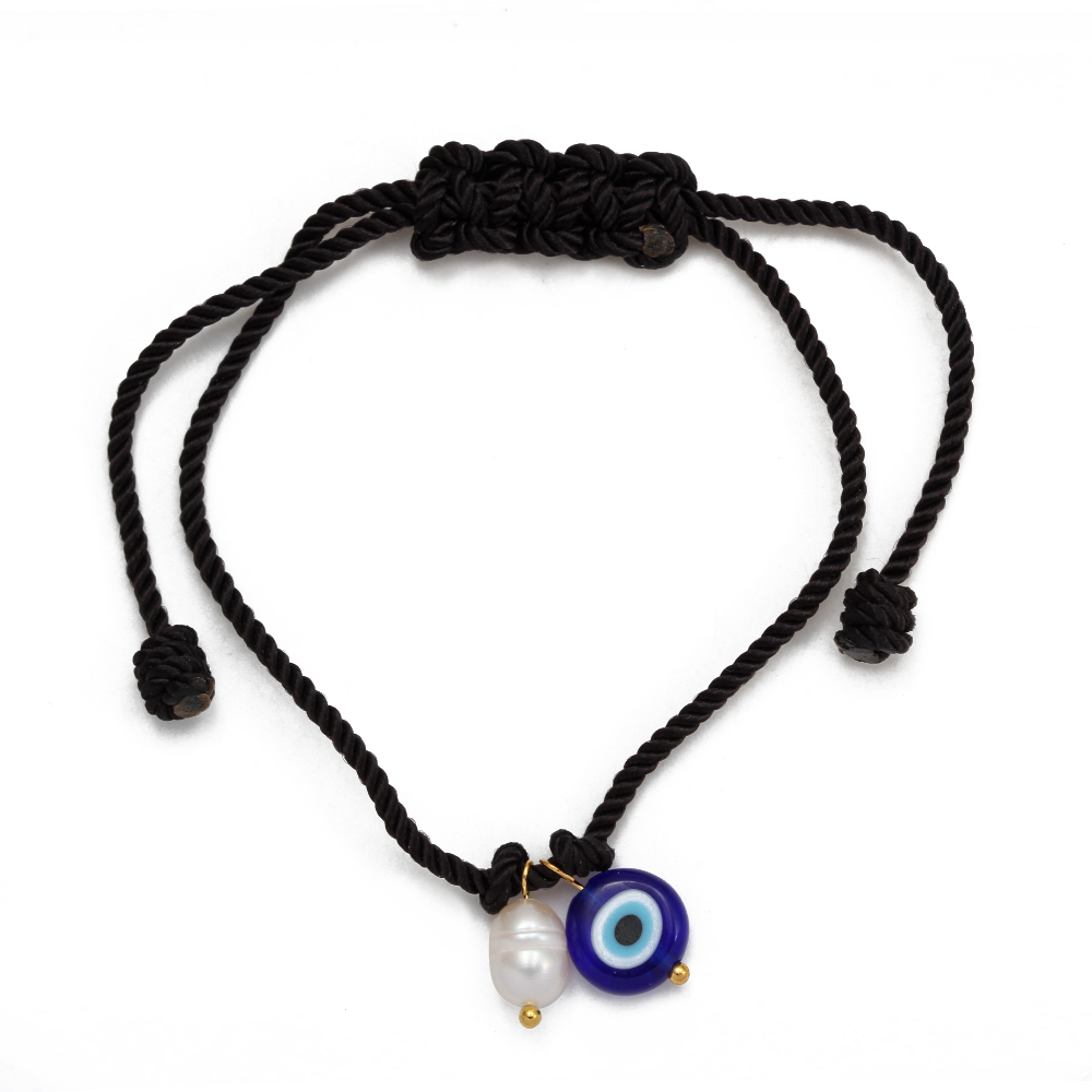 Pulsera de cuerda trenzada de ojo de la suerte, pulsera ajustable de cuentas de perlas de agua dulce de mal de ojo turco para mujeres y hombres, pulseras bijoux: Oro oscuro