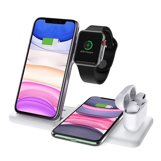 15W Qi Fast Wireless Charger Stand For iPhone 11 XS XR X 8 Samsung S10 S20 4 in 1 Charging Station for Apple Watch Airpods pro: 15W White