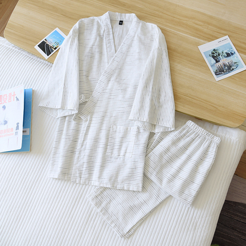 Kimono japonais deux pièces pour hommes, peignoir coton, pyjama Long deux pièces, Service à domicile, ensemble Robe, printemps et été 100%: WHITE / L