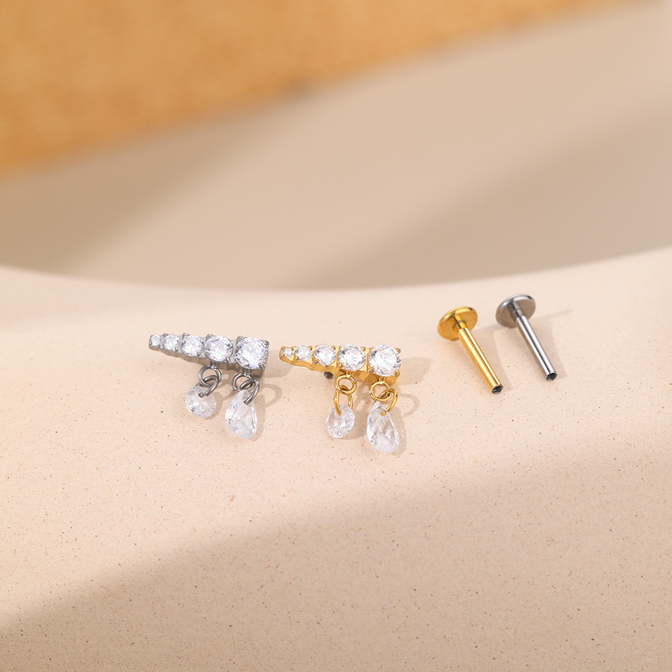 Pendientes de titanio para cartílago de la oreja, Piercings de rosca interna, perno de hélice oculto, cadena drapeada CZ, joyería con parte posterior plana, 16G, 1 ud./5 uds.