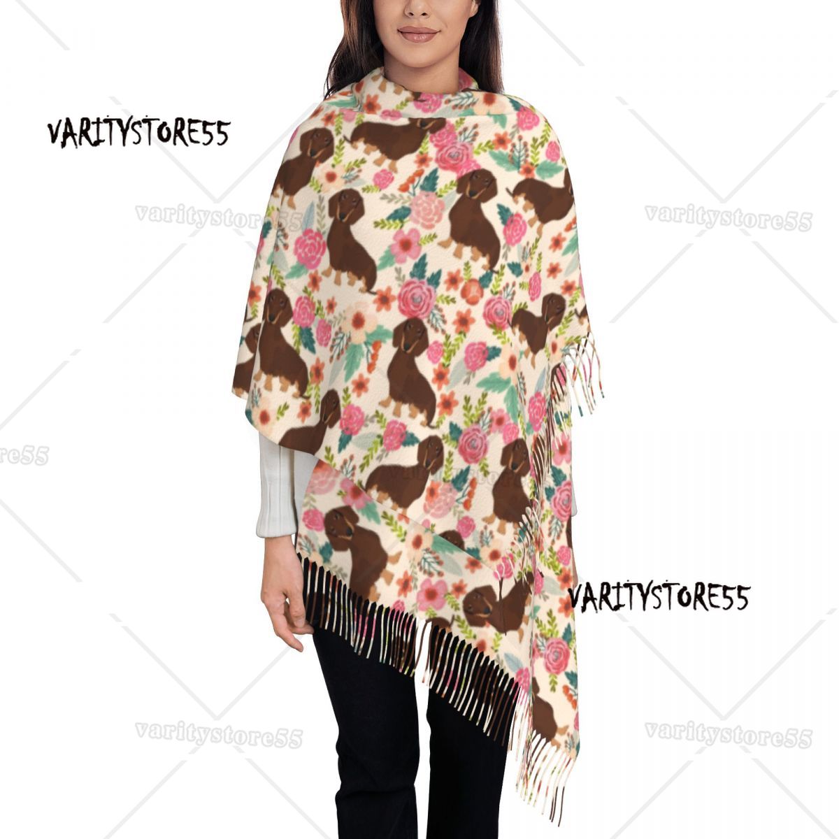 Doxie Florals Dachshund Scarves Women Winter Fall Soft Warm Tassel Shawl Wraps Badger Sausage Dog Scarf: Brown