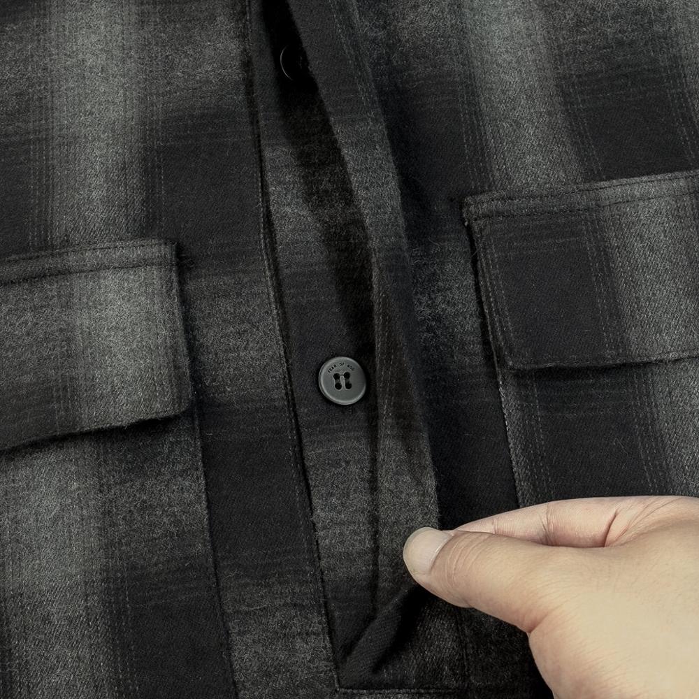 Musta & harmaa ylisuuri ruudullinen flanellipaita henley-pääntie lyhythihaiset villapaidat kumilla päällystetty paikka takana