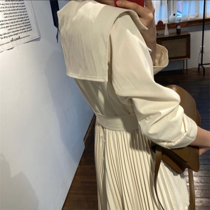 Trench-Coat plissé Double boutonnage pour femme, manteau Long Vintage, Style anglais, coupe-vent féminin avec ceinture
