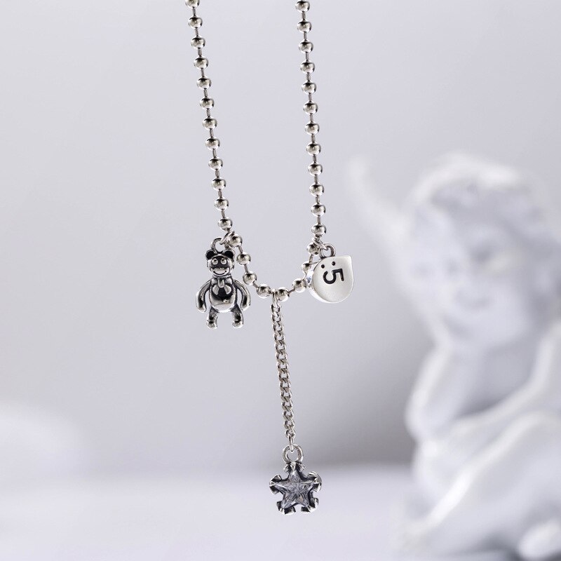 ANENJERY Retro Cute Bear Star Pendant Thai Silver Color Necklace With Long Chain Tassel Zircon Necklace for Women S-N648