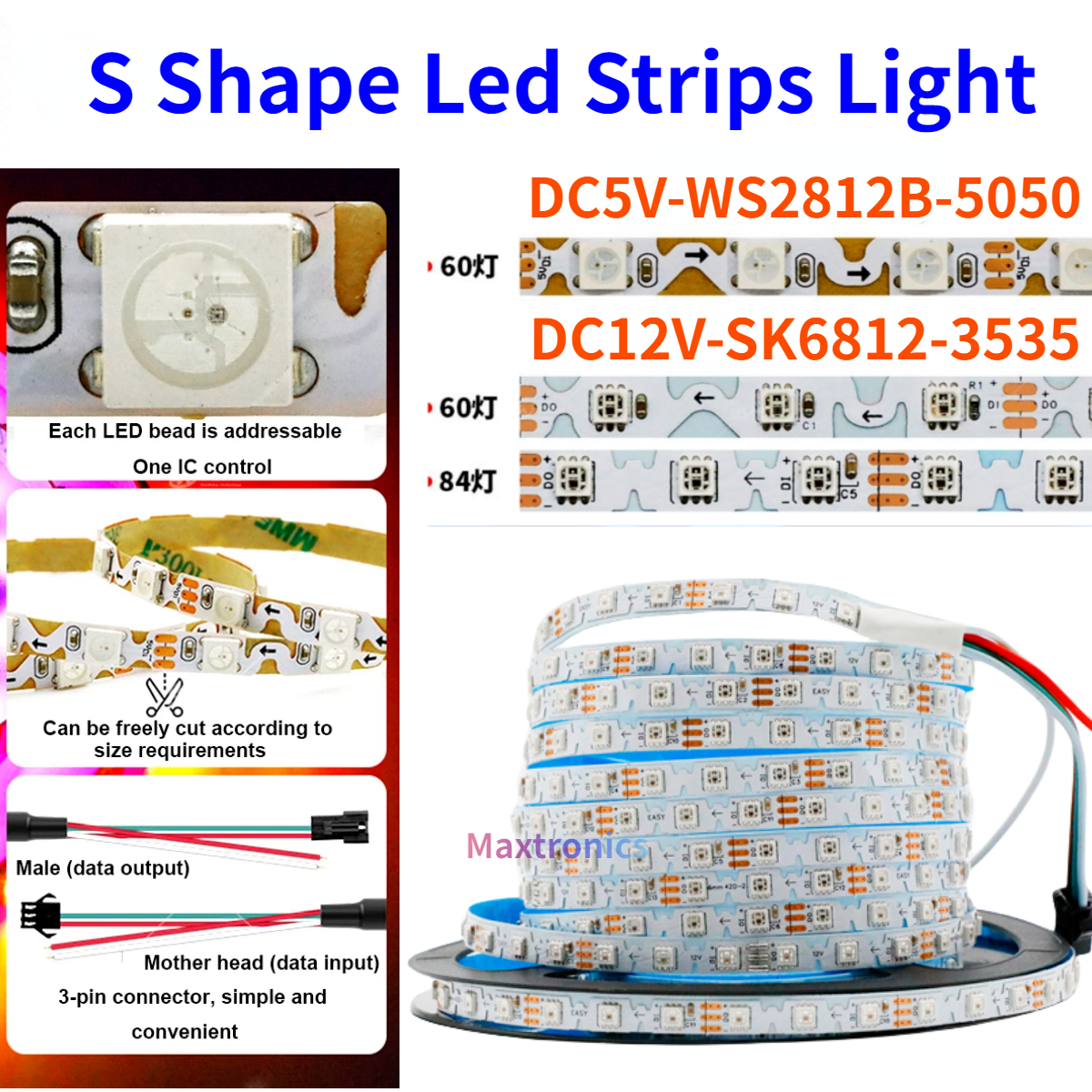 5Meter Ws2812/Sk6812 Flexibele S Vorm Led Strips Licht Voor 60/84Leds/M 6Mm Adresseerbare Full Color Rgb Led Pixels Tape Dc5/12V