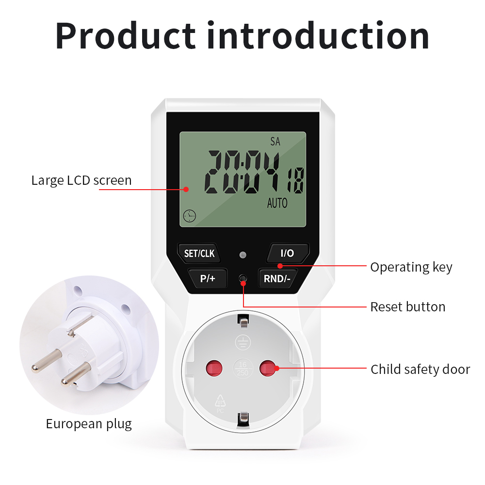 Digital 3680W Output Timer Socket EU Plug LCD Display Programmable Timer Switch 10 Group Timing Automatic Surge Protector