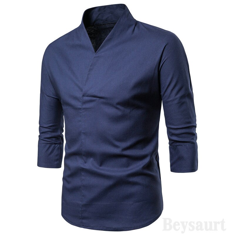 3/4 Mouwen Traditionele Chinese Shirt Mannelijke Kleding Man Top V-hals Shirt Linnen Mannen Kimono Shirt Mannelijke Kleren 4XL: Navy Kimono Shirt / M