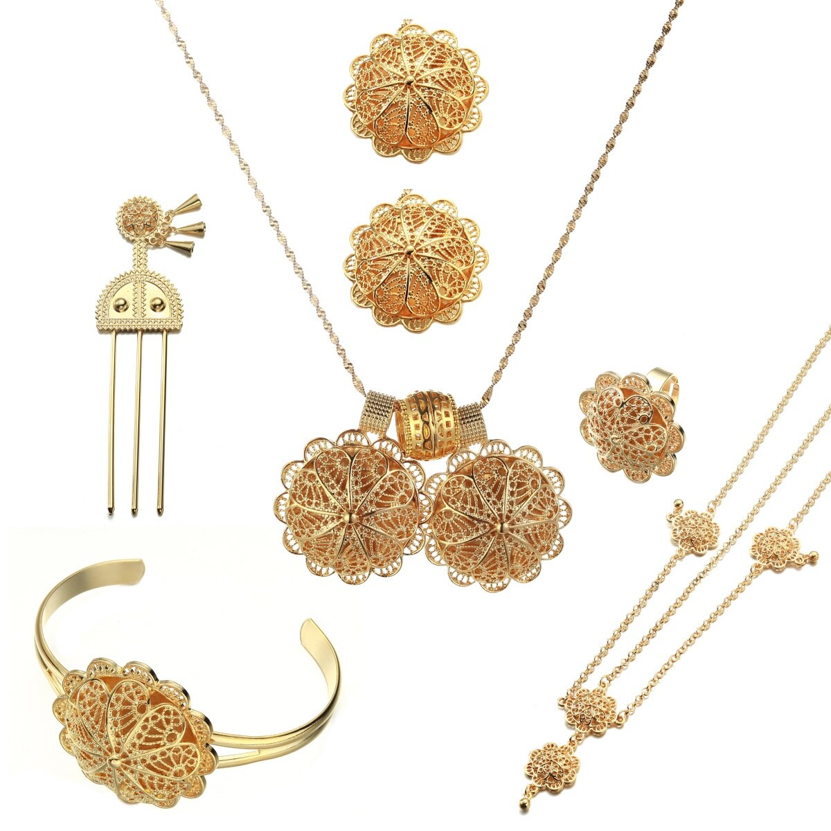 Goud Ethiopische Eritrean Afrikaanse Bruid Hanger Kettingen Oorbellen Ring Armbanden Habesha Sieraden Set Voor Vrouwen