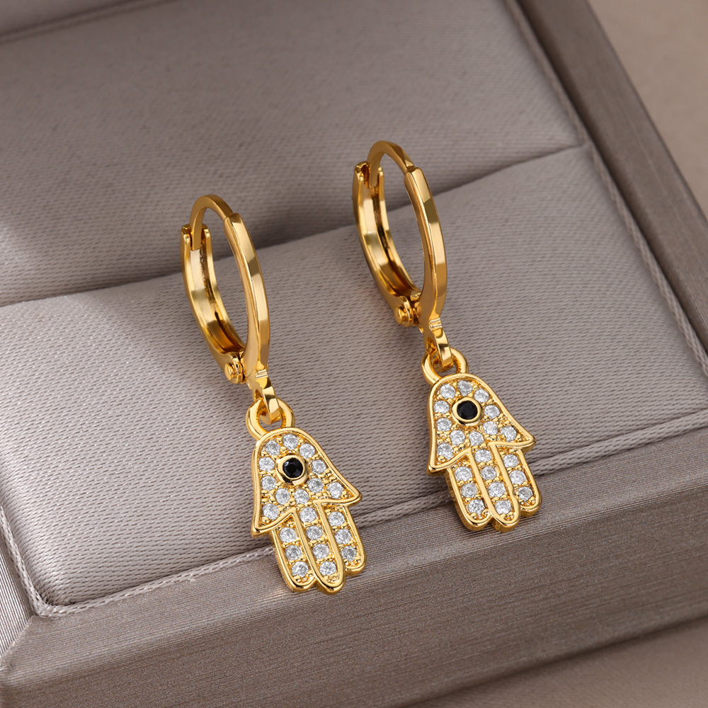 Mode Punk Evil Eye Oorringen Voor Vrouwen Goud Kleur Stainelss Staal Zirkoon Turkse Eye Fatima Hand Druppel Oorbel Sieraden