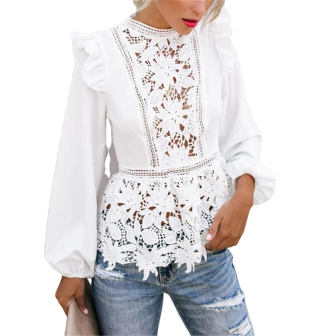 Kvinder blomstrede blondebluser boho lange ærmer hvid top dame flæse udhulet skjorte bluse sommer streetwear s-xl