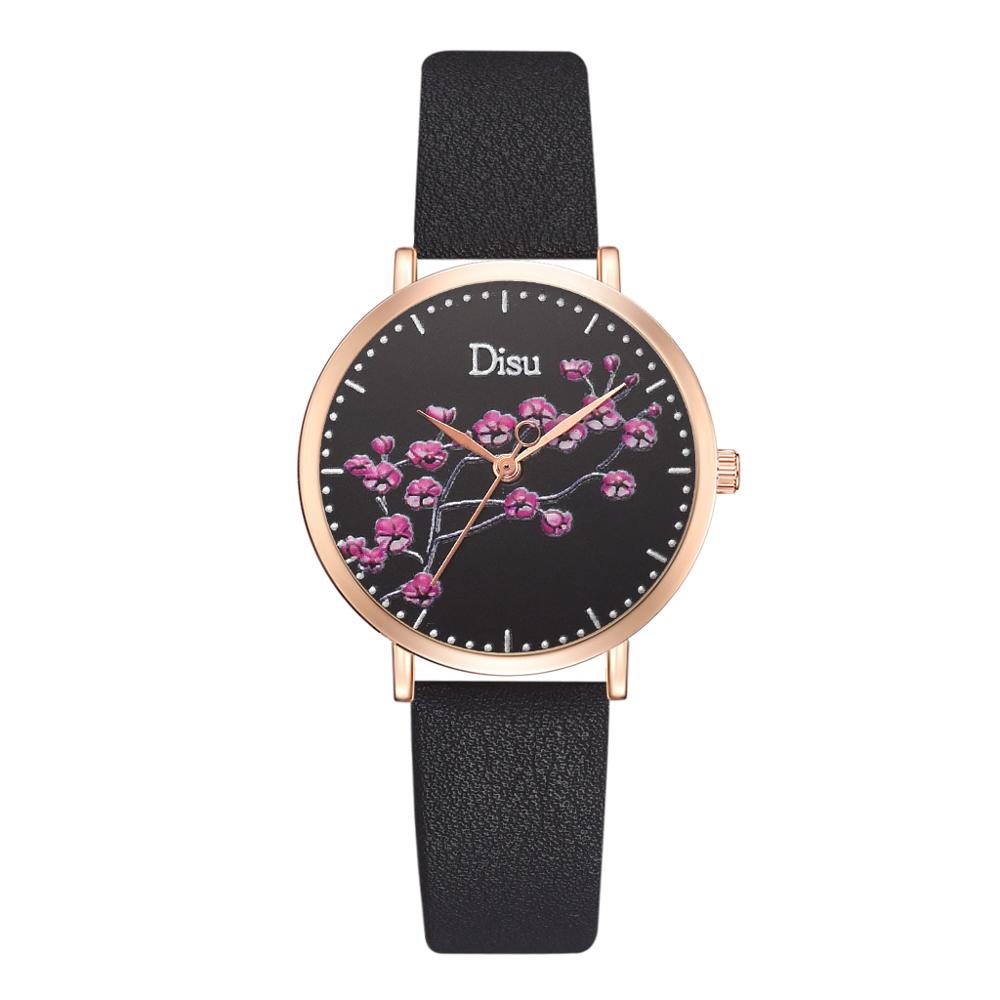 Blomster urskive ure kvinder læder dame kjole personlighed romantisk quartz armbåndsur afslappet sports ur reloj mujer: Sort