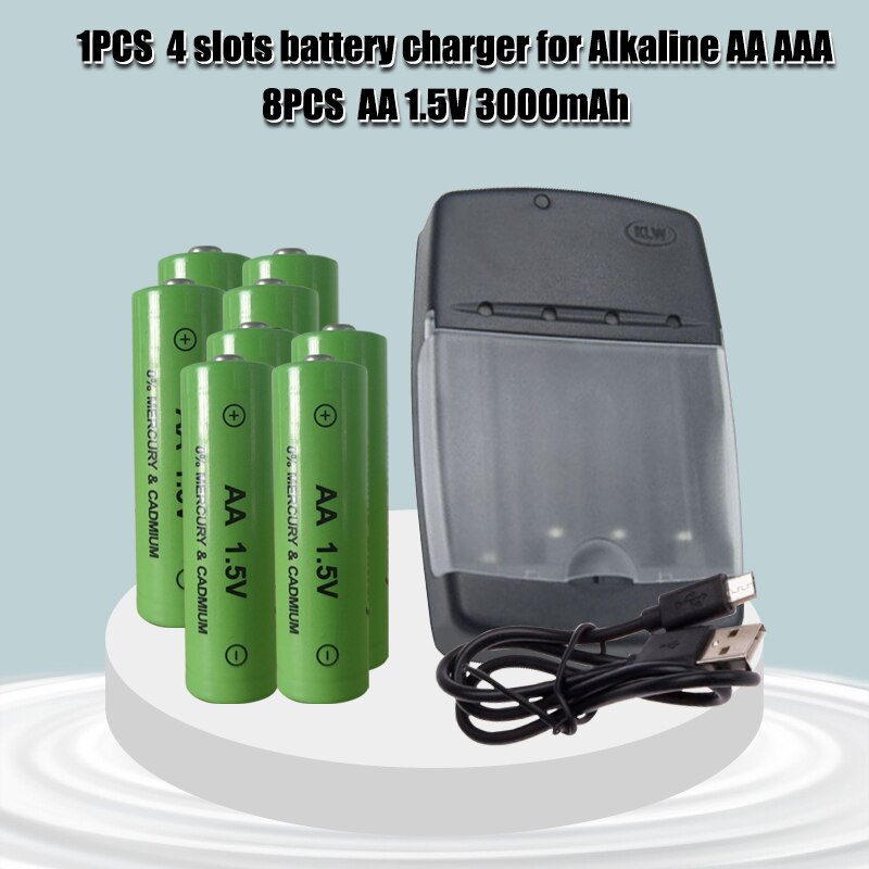 AA 1.5V Alkaline Rechargeable battery 3000mah +super quick 4slot AA/AAA charger can charge alkaline battery: 8 AA 1PCS charge