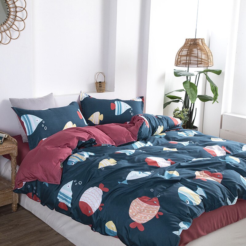 Dessin animé poisson motif housse de couette 220x240 taie d'oreiller 3 pièces housse de couette 175x220 parure de lit, couverture de lit couverture rouge drap de lit