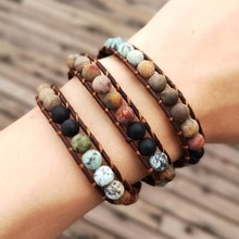 Pulsera de envoltura de cuerda de 3 capas para mujer piedra mate bohemio hecho a mano multicapa Mala cuentas de cuero joyería mujer