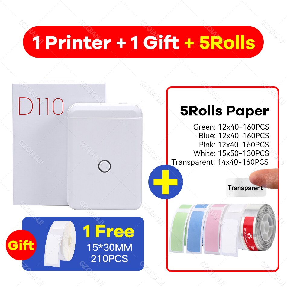 Niimbot  d110 etiketprinter mini klistermærke papirrulle transparenter trådløs bluetooth telefonprinter etiket prisskilt udskrivning etiket: Tilsæt 5 etiketblanding