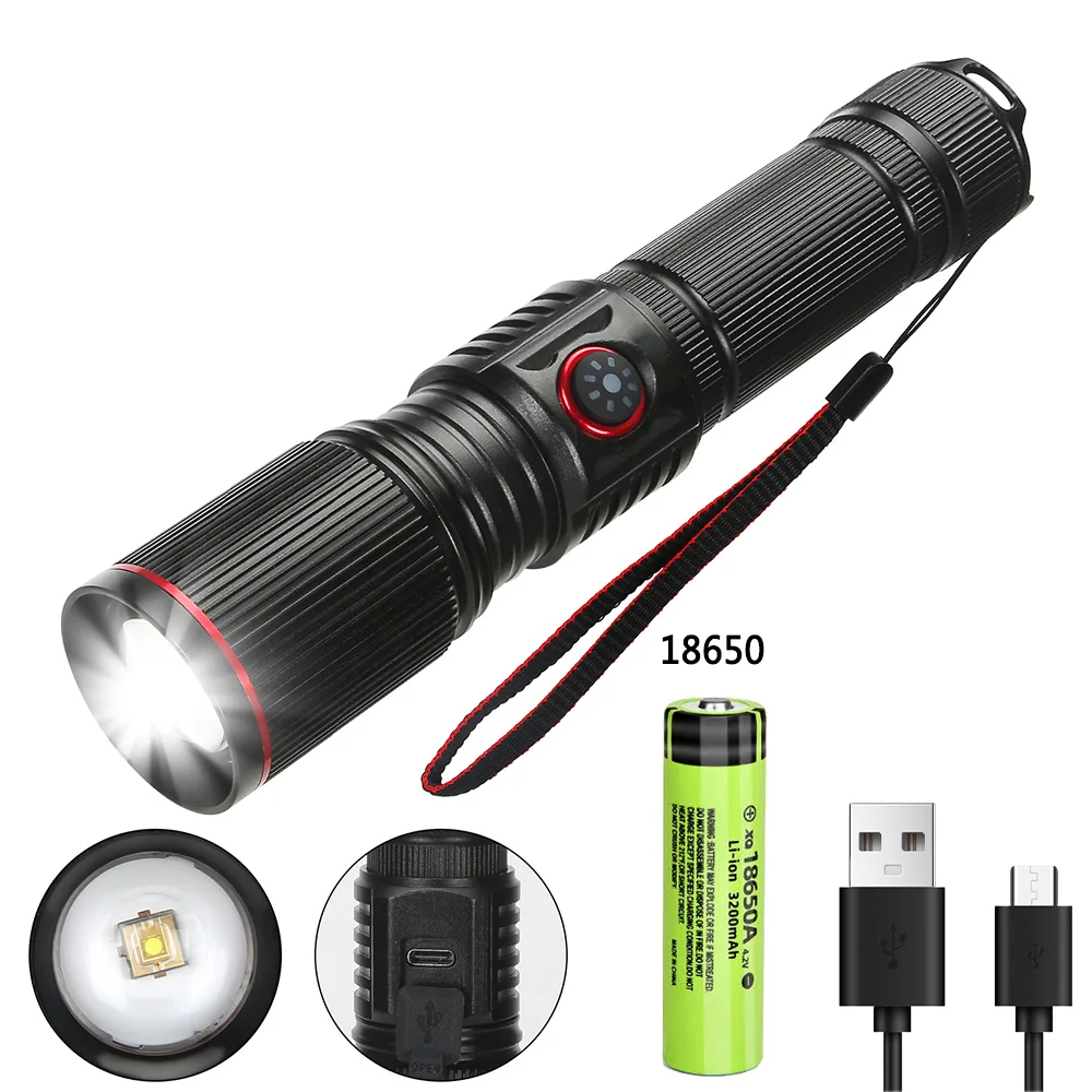 Aluminum Alloy 30W Super Powerful LEP Flashlight 18650 or 21700 Battery Zoom Torch Light Lamp with Tail Rope Power Indicator: changeable