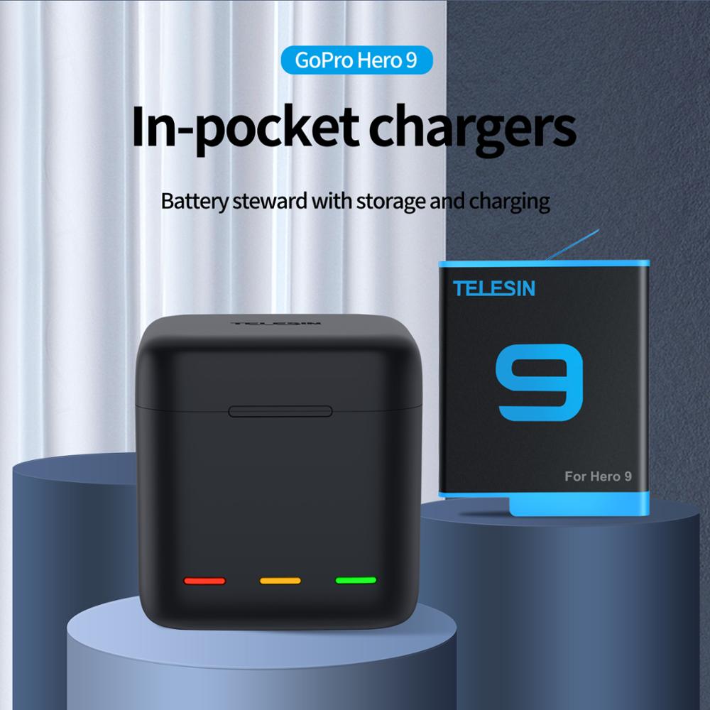 TELESIN-Batería de 1750 mAh para GoPro Hero 9, cargador de batería con luz LED de 3 vías, tarjeta TF, almacenamiento de batería para GoPro Hero 9, color negro