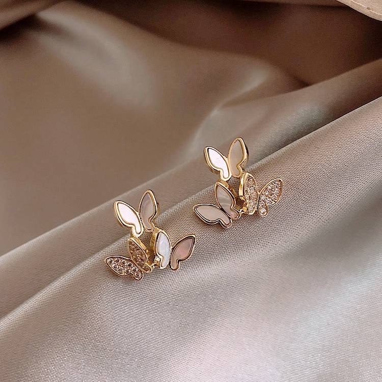 Koreaanse Mode-sieraden Persoonlijkheid Drie Vlinder Shell Kristallen Oorbellen Elegante Schattige Vrouwelijke Oorbellen