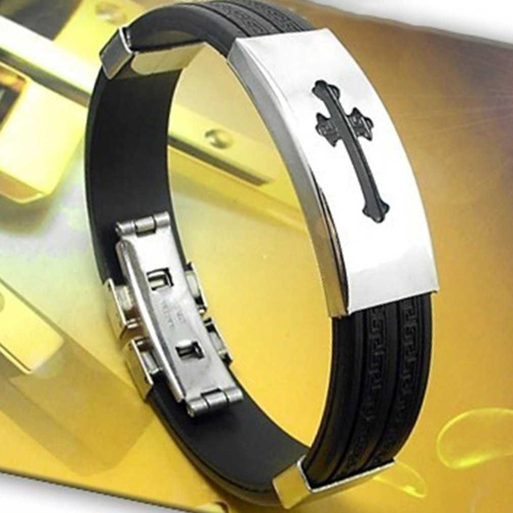 Novo preto pulseira de silicone jesus cruz pulseira encantos homens prata cor manguito pulseira jóias namorados para senhoras meninos 2020