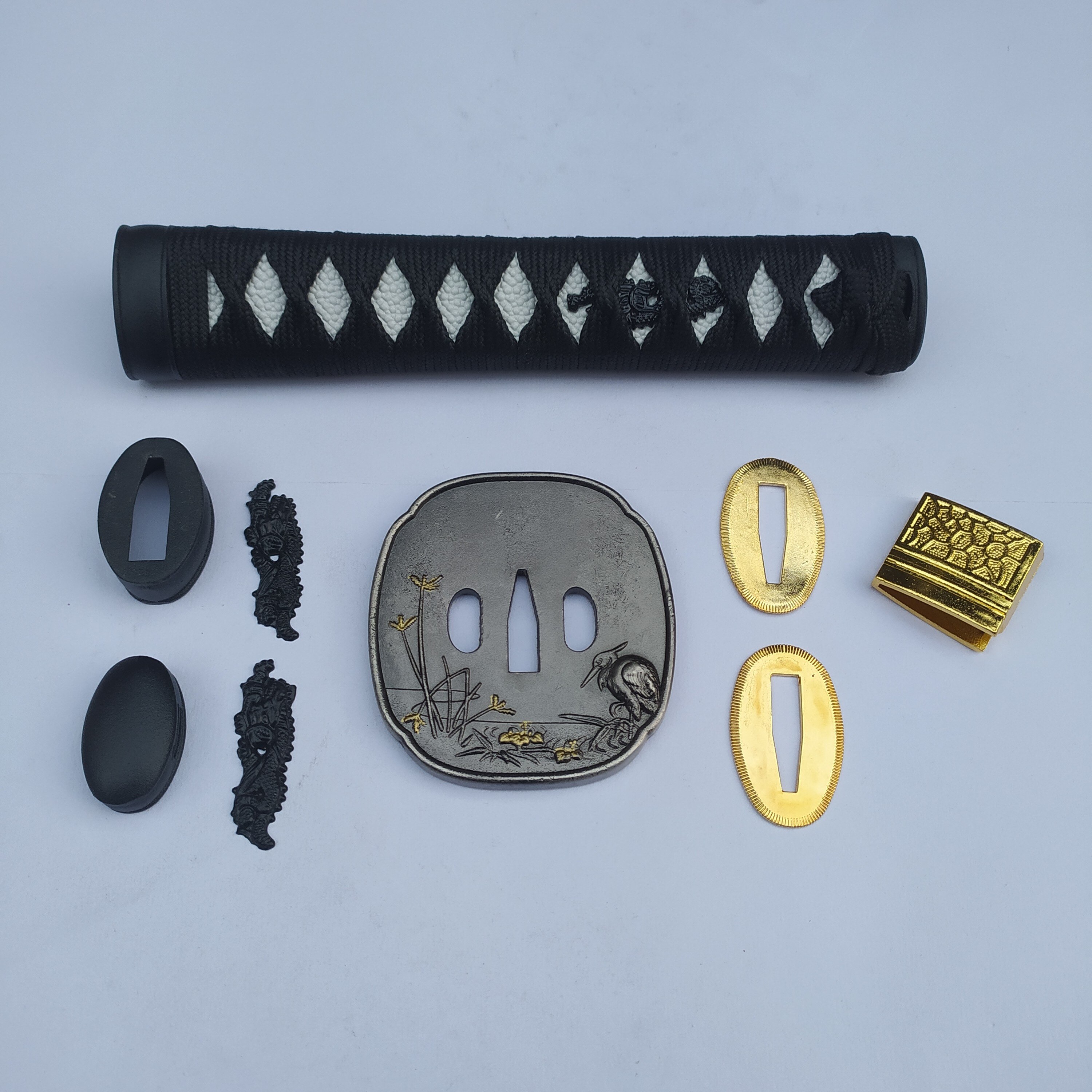 Japanse Samurai Zwaard Handvat Accessoires Katana Handgemaakte Diy Tsuba + Fuchi + Kashira + Menuki + Tsuka + Habaki + seppa: Full set