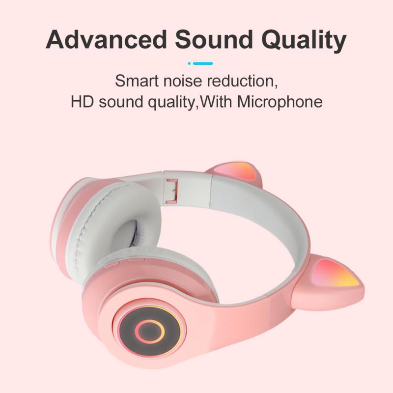 Auriculares inalámbricos con Bluetooth y micrófono para chica, cascos con orejas de gato, luz Flash, Decoración LED, estéreo, música, teléfono,