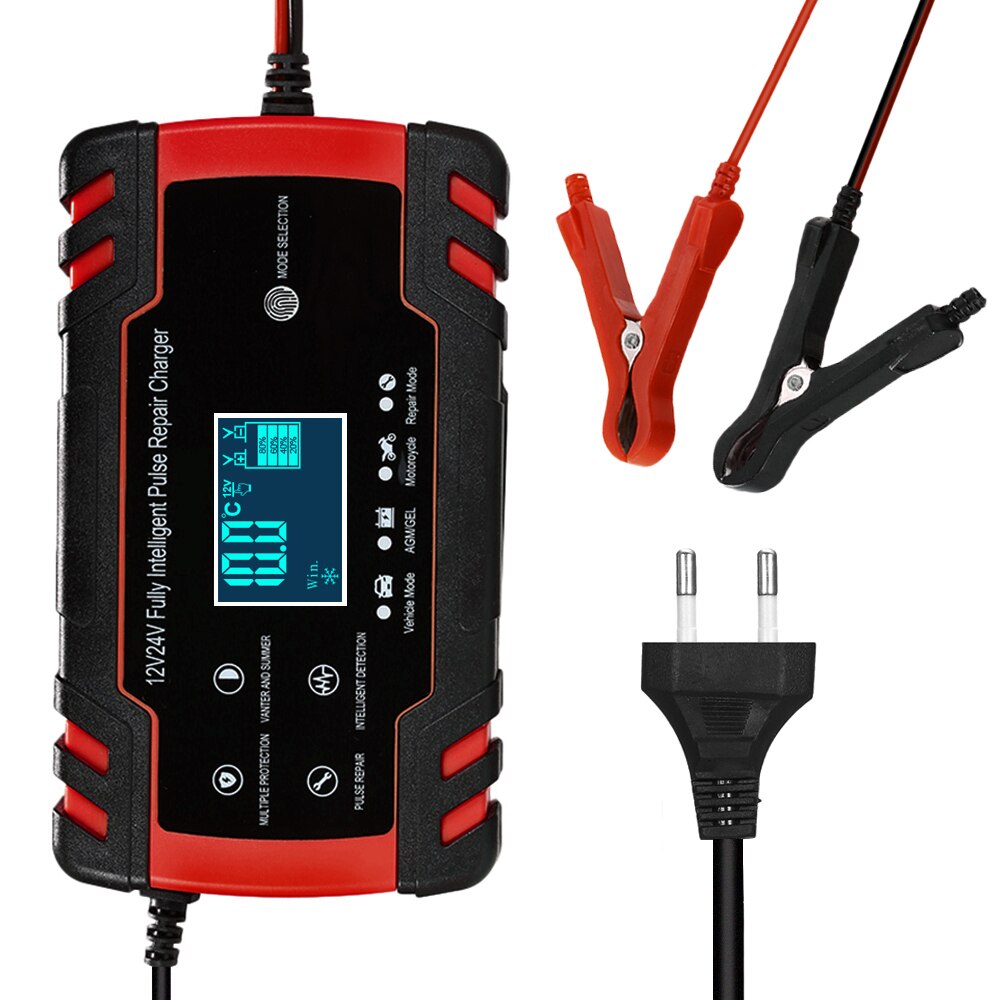 Chargeur de batterie de voiture 12V 8A 24V 4A | Chargeur de batterie intelligent, automatique, 3 étages, affichage LCD, chargeur de batterie à acide plomb humide, AGM GEL: Red EU Plug
