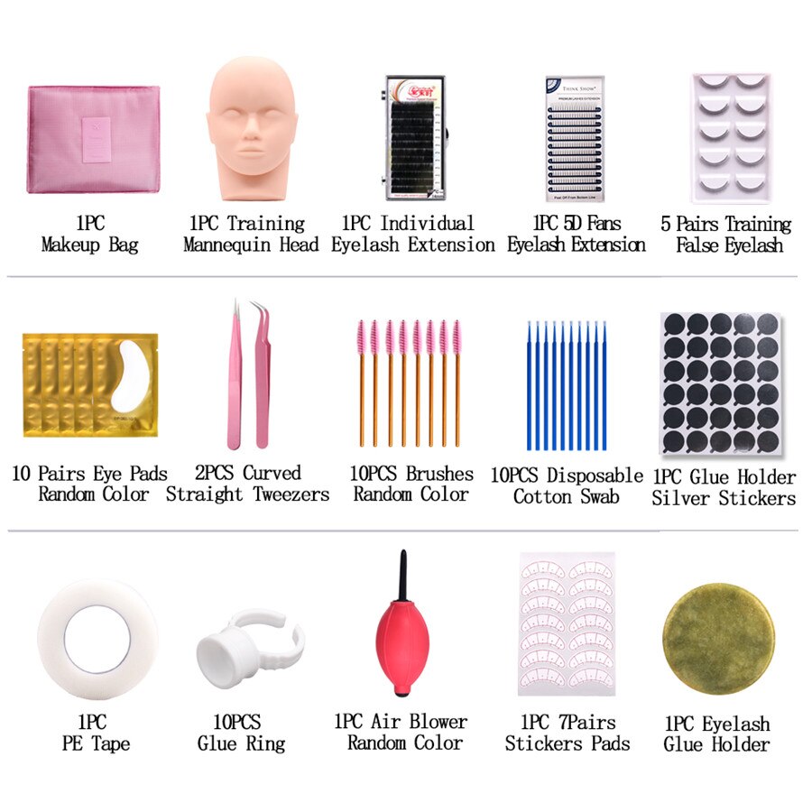 NEWCOME Individual Eyelash Extension Training Kit Practice Mannequin Head Set False Eyelash Grafting Makeup Tools
