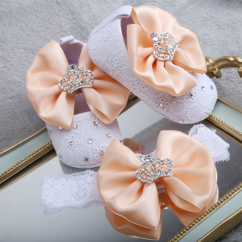 Dollbling designade baby småbarn skor aprikos blomma rosett diamant kronsmycken baby flicka baby skor pannband