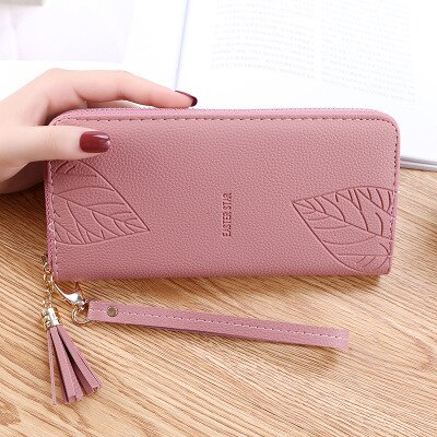 Portafogli e portamonete da donna portafoglio in pelle PU polsino femminile stampa foglia borsa lunga da donna borsa grande capacità portafoglio donna: DarkPink