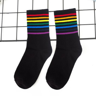Grappige Leuke Regenboog Gestreepte Sokken Meisjes Katoen Losse Crew Sokken Kleurrijke Vrouwen Kid Harajuku Retro Kerstcadeau Sokken: Black 3