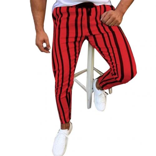 Pantalon Chic homme rayures verticales imprimé cordon pantalon crayon moulant pantalon de sport: L / Rouge