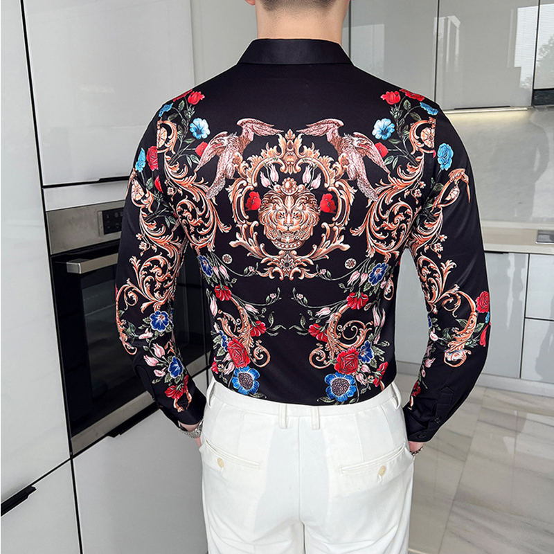 Camisas con estampado dorado de lujo para hombre, camisa informal de manga larga, ajustado para Social esmoquin, camisas de vestir para oficina de negocios de talla grande 4XL-M