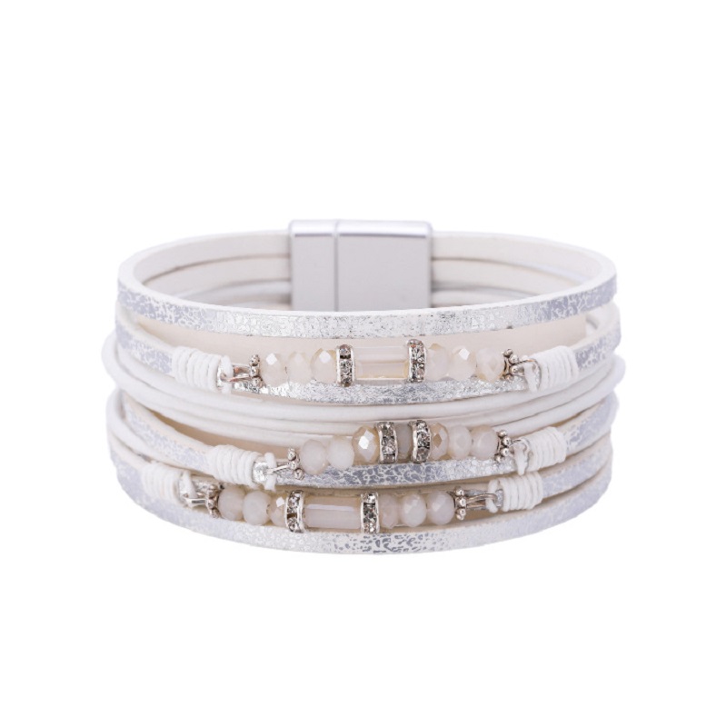 Amorcome Multi-layer Leren Armband Bohemian Bangle Met Magnetische Sluiting Kristal Kralen Wrap Manchet Armbanden Sieraden Voor Vrouwen: white