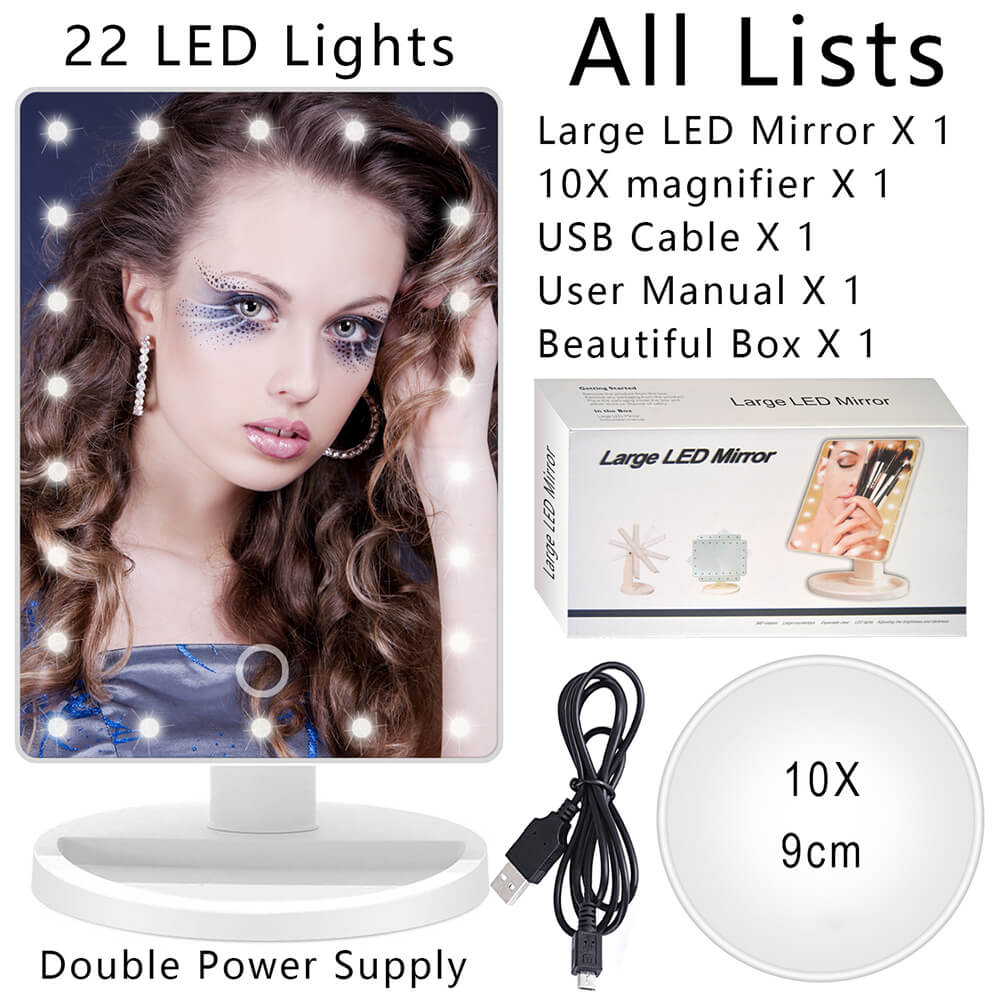 10X Grote Led Licht Make-Up Spiegel Lamp Vergrootglas Batterij Draagbare Vanity Glas Mini Miroir Badkamer Cosmetische Bad Zuignap: Large 22 LED White