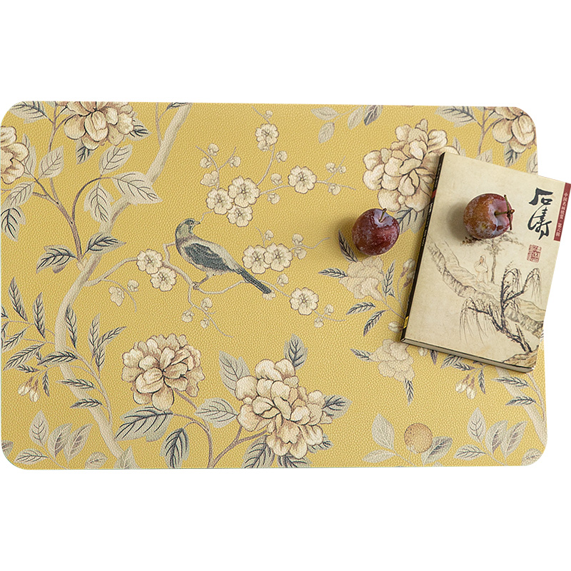 Heat Resistant Table Mats Set of 2, Hydrangea Faux Placemats, Floral Bird, Chinese Style, Digital Printing for Party Family: SKY BLUE