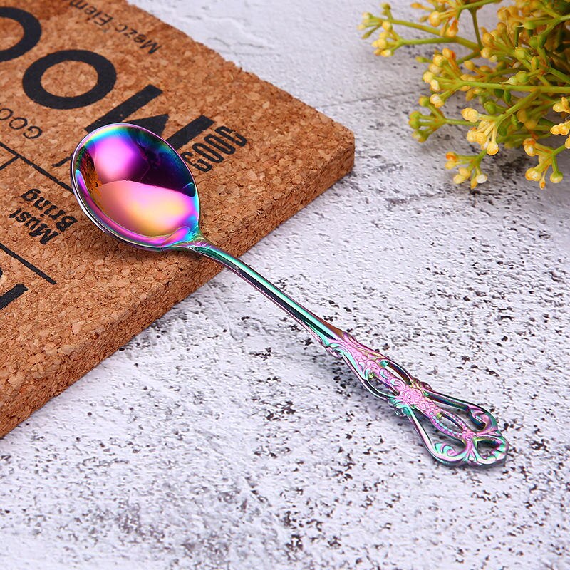 Vacclo 1pc Stirring Coffee Spoon 304 Stainless Steel Cutlery Round Square Shaped Vintage Dessert Spoon Fork Kitchen Accessories: CR2